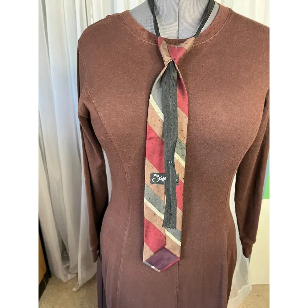 vintage zipper tie 1980s wide Diagonal stripe brown red